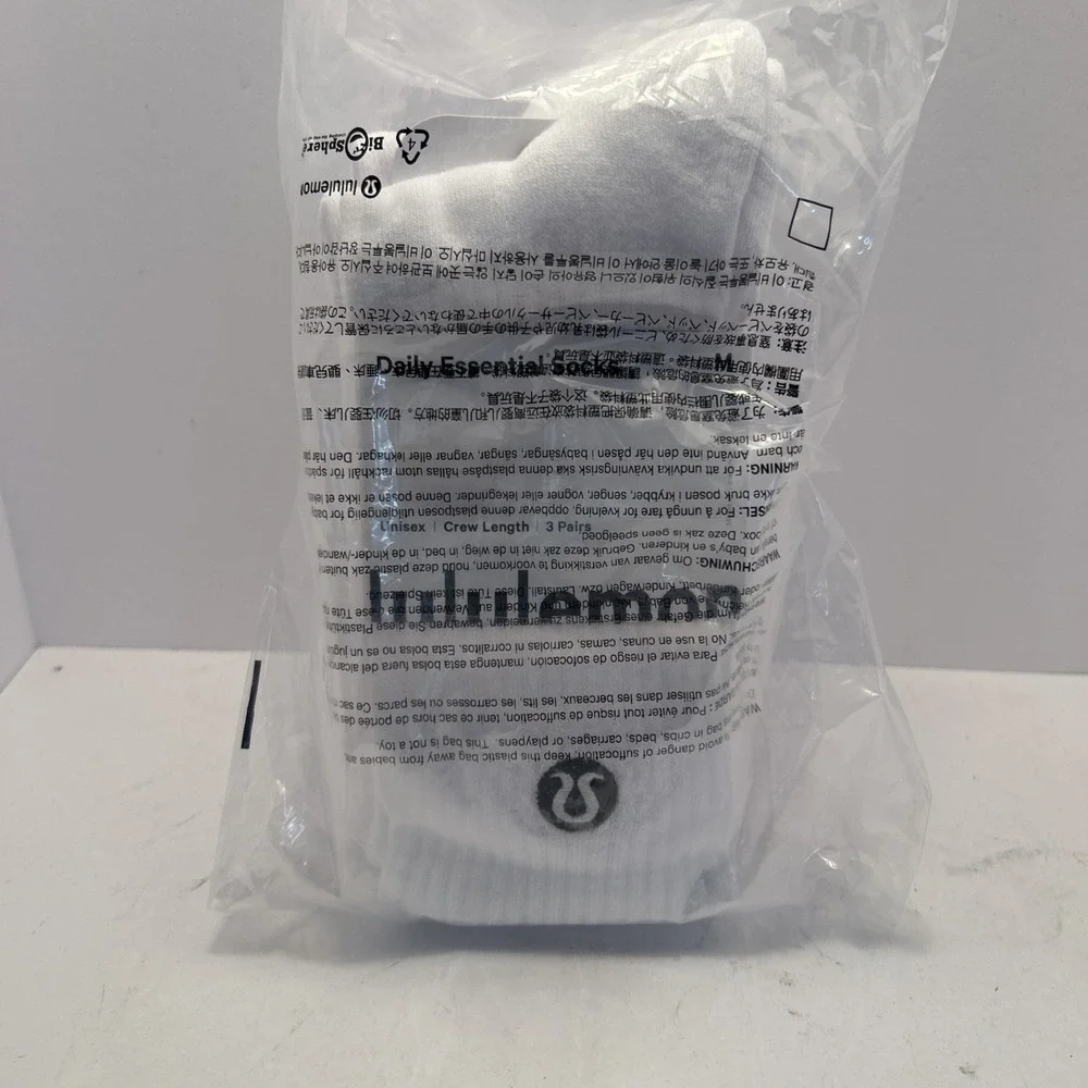 lululemon Daily Essential Crew Socks, Solid White, Size M, 3 pair